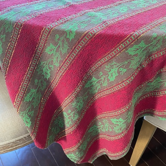 Rectangular Vintage Tablecloth Red, Green + Gold Metallic Striped Holiday/Xmas - Picture 4 of 8